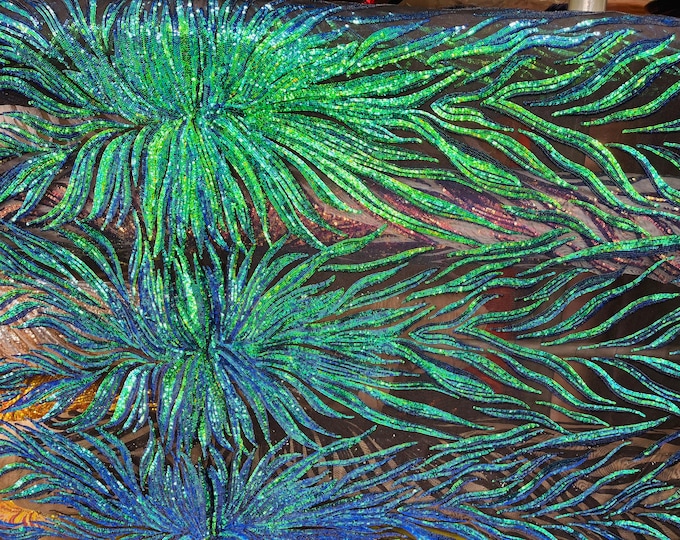 New Mermaid Green Iridescent Sequin Fabric 4 Way Stretch Phoenix Wing Sequin Spandex Mesh Fabric for Prom Gala Gown Sold By Yard