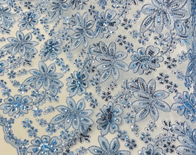 Blue Lace Fabric With Sequins, Metallic Thread Flower Embroidery by Yard