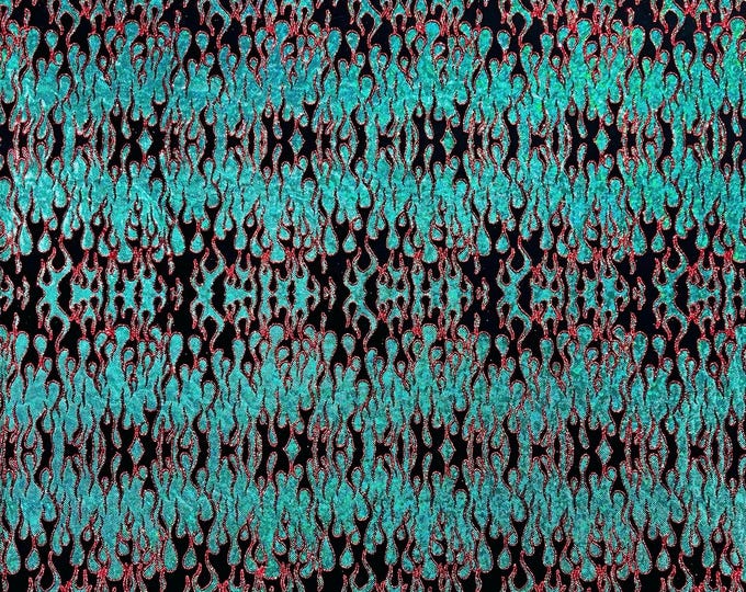 Black Green Nylon Spandex Fabric by the yard, Flames Design With Hologram Shattered Glass, Glitter Spandex Fabric 4 Way Stretch Prom-Gown