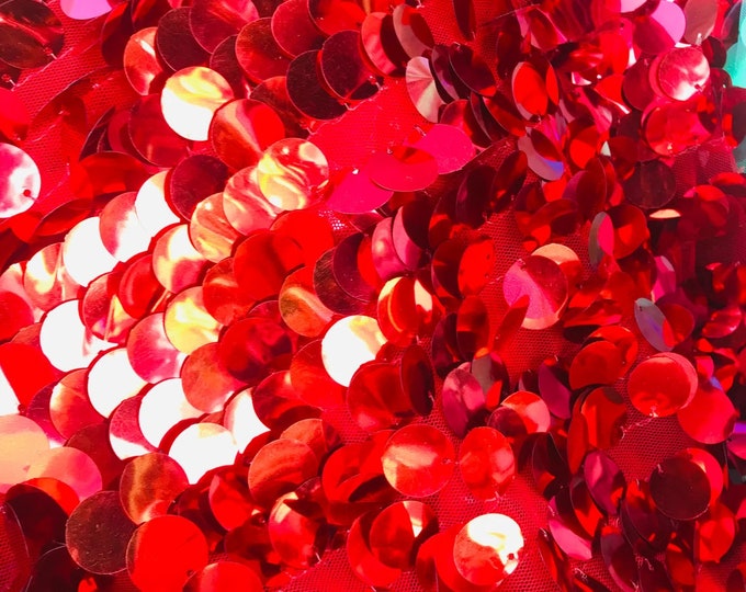 Red Round Sequin Paillette Iridescent, Tear Drop Mermaid Sequins Fabric Mesh (Pick a Size)