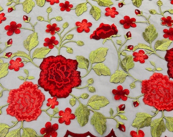 Red Flower | Multi Color | Floral Design Embroider on a Black Mesh | Floral Lace Fabric | Roses Multi Color