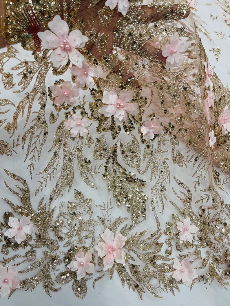Rose Gold Glitter Floral Mesh, Glitter 3D Flower Sequin Fabric, Wedding ...