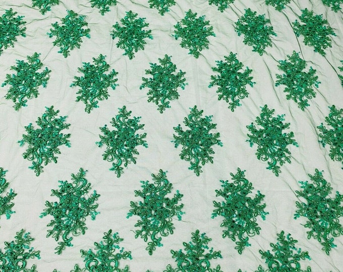 Floral Cluster Bead Fabric Emerald Green - Embroidered Flower Beaded Fabric Wedding Bridal Sold By Yard