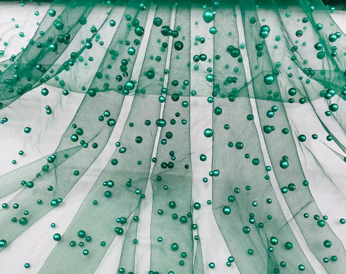 Hunter Green, Scattered Pearls Studded Mesh, by the yard 2 Way Stretch, Pearls On Mesh, Scattered Pearls on Mesh, Bead Wedding Bridal Dress