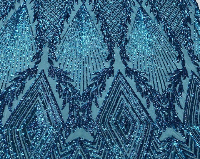 Turquoise Sequins Fabric  - 4 Way Stretch Geometric Diamond Design on Mesh Fabric for Prom Gala Gown By The Yard