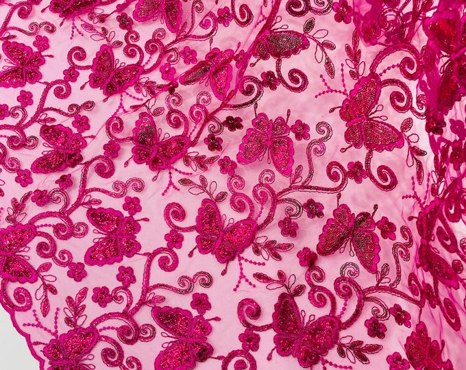 Fuchsia Butterfly Embroidered Lace Fabric with Metallic Thread & Sequins by yard