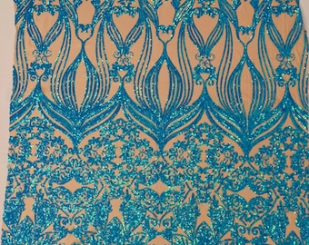 Turquoise Iridescent Sequin Fabric - by the yard - On Nude Mesh, Camila Design 4 Way Stretch Sequins Fabric, Lace sequins Prom-Gown