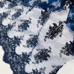 Navy Blue Floral Lace Fabric, Embroidery on a Mesh Lace Fabric By The Yard For Gown, Corded Flower Wedding-Bridal-Dress