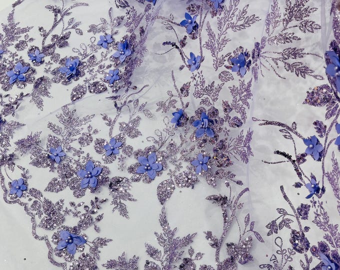 Lilac 3D Flower Sequin Fabric, Glitter Floral Tulle Lace, Wedding Dress, Quinceañera