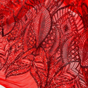 Red Sequin Fabric: Royalty Embroidered 4-Way Stretch Mesh, Prom Gown Fabric