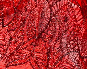 Red Sequin Fabric: Royalty Embroidered 4-Way Stretch Mesh, Prom Gown Fabric