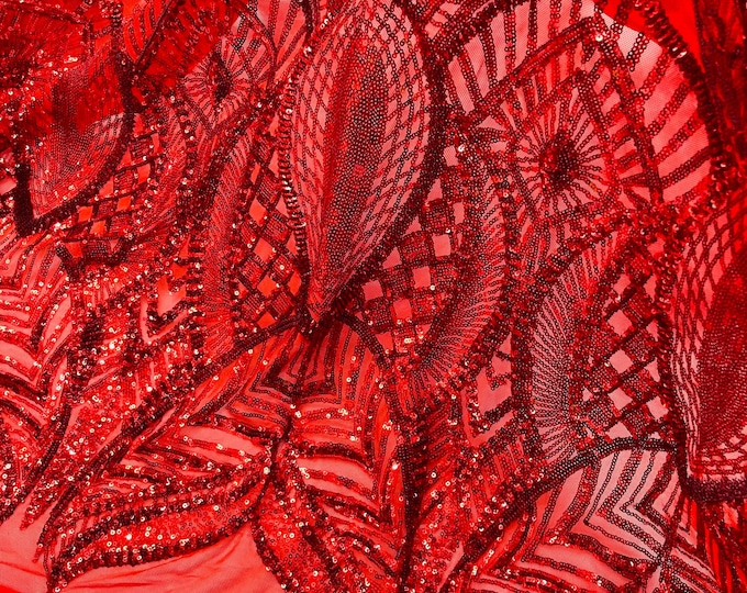Red Sequins Fabric, by the yard- Royalty Design Embroidered On 4way Stretch on a Mesh Sequin Lace Fabric-Prom-Gown ( Choose The Size )