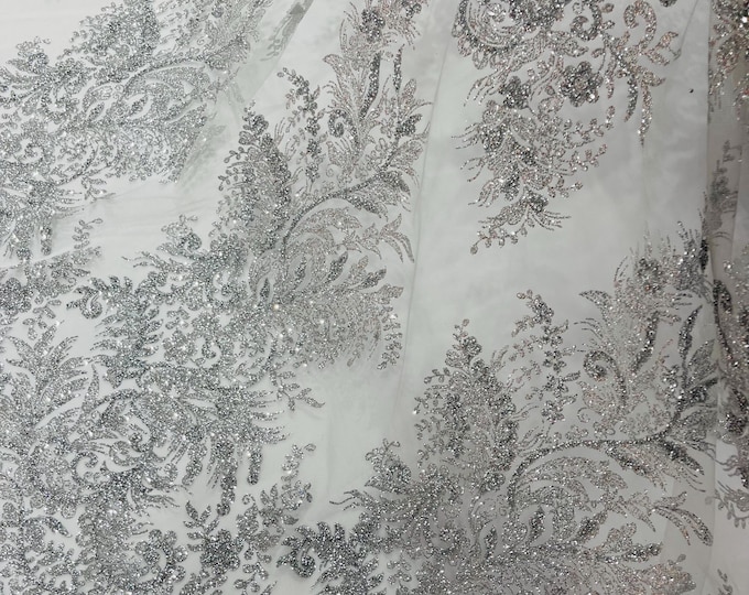 Silver Silver Rhinestones Glitter Fabric on a Mesh By The Yard | Quinceañera Design  Glitter Rhinestones on Mesh Fabric Prom Dress