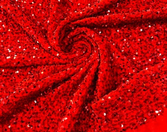 Red Sequin Velvet Fabric: 5mm Sequins, 2-Way Stretch (58/60")