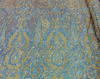 Aqua Iridescent Sequin Lace Fabric by the yard - DAMASK Design Embroidered on nude Mesh 4 way Stretch Sequins-Prom-Gown