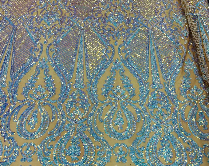Aqua Iridescent Sequin Lace Fabric by the yard - DAMASK Design Embroidered on nude Mesh 4 way Stretch Sequins-Prom-Gown