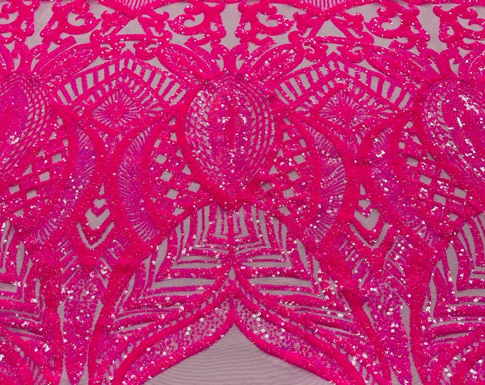 Hot Pink Holographic Sequin Fabric - by yard - On Pink Power Mesh, Royalty Design 4 Way Stretch Sequins Fabric Prom-Gown