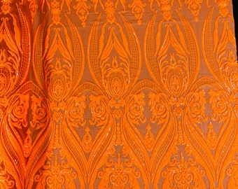 Neón Orange Sequins  - 4 Way Stretch Fancy Big Damask Design Sequins on Spandex Mesh Prom Gala Gown Fabric By The Yard