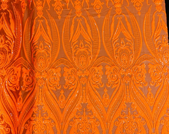 Neón Orange Sequins  - 4 Way Stretch Fancy Big Damask Design Sequins on Spandex Mesh Prom Gala Gown Fabric By The Yard