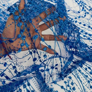 Royal Blue Glitter on Mesh Lace Fabric By The Yard for Wedding Decor - Bridal/Prom - Shimmer, Glitter Fabricr - Luxury Sparkle Mesh