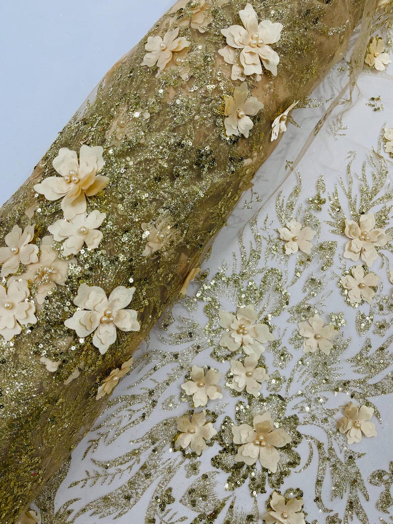 Champagne Glitter Floral Mesh, Glitter 3D Flower Sequin Fabric, Wedding ...