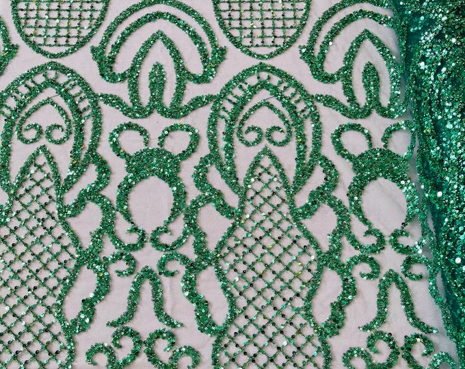 Hunter Green Beaded Fabric by the yard, Bridal Wedding beaded, Damask Pattern With Beads and Sequin, Appliqué lace for bridals,weddings