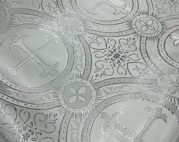 White/Silver Cross Brocade Fabric: Liturgical Jacquard Vestment Material - 58/60" Wide