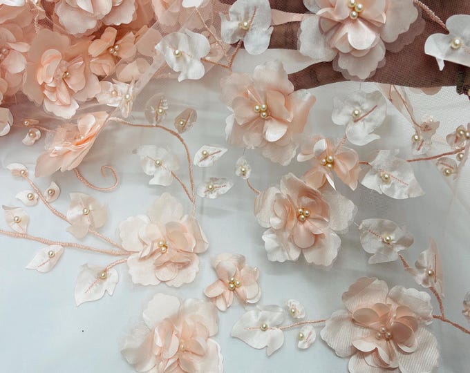 Blush Orquidia 3D Floral Design Embroider With Pearls On a Mesh Lace Fabric, Orquidia Big 3D Flower Lace Fabric | Prom-Dress By The Yard