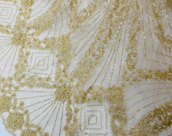 Champagne Beaded Lace Fabric: Geometric Embroidery on Mesh, Bridal Luxury