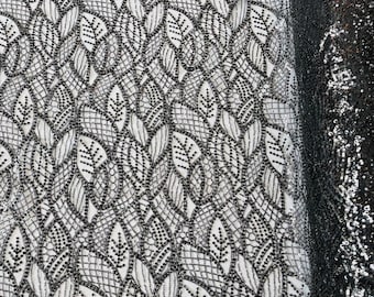 Black Beaded Lace Fabric: Wavy Leaf Embroidery, Bridal Wedding Dress Fabric