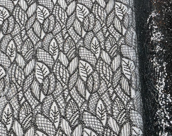 Black Wavy Lines Leaf Pattern Wedding Beaded Fabric - Embroidered Line Bridal Beaded Lace Fabric Sold By The Yard