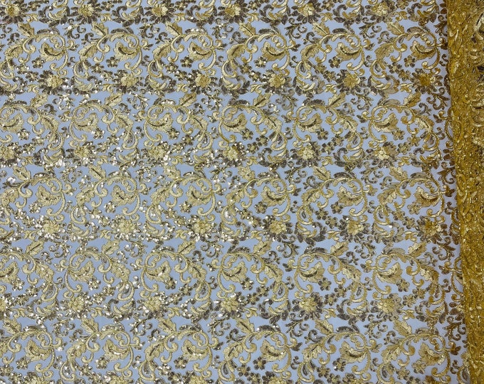 Metallic Gold Floral Lace Fabric By The Yard, Embroidery With Sequins on a Mesh Lace Fabric, Corded sequins Lace