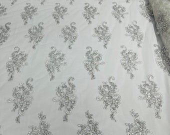White Floral Lace Fabric: Silver Metallic Thread, Sequins Embroidery - Bridal Wedding