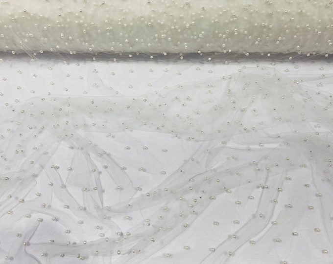 Off White Beaded Pearl Mesh Lace Fabric Bridal Veil Lace Wedding Bridal Dress,French Lace Fabric by the Yard