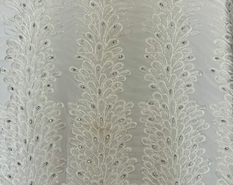 White Beaded Peacock Feather Lace Fabric – Embroidered Sequins, Vegas Design