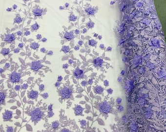 Lilac 3D Floral Embroidered Lace with Pearls - By The Yard
