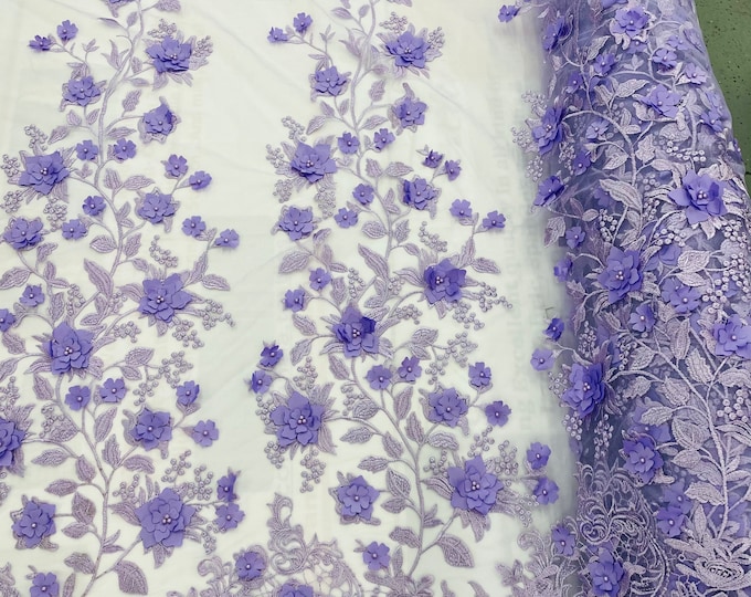Lt Lilac Two Tone 3D Floral Design Embroider and Beaded With Pearls On a Mesh Lace-Prom-Dresses-Nightgown-Apparel-Fashion By The Yard
