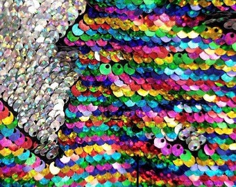 Reversible Sequins Fabric: Multi-Color/Silver, 2-Way Stretch