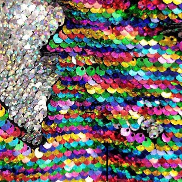 Multi-color/Silver Flip Up Sequins Reversible, 2-Way Stretch 58/60” Sequins Fabric Dresses-Nightgowns-Prom Gown (Choose The Quantity)