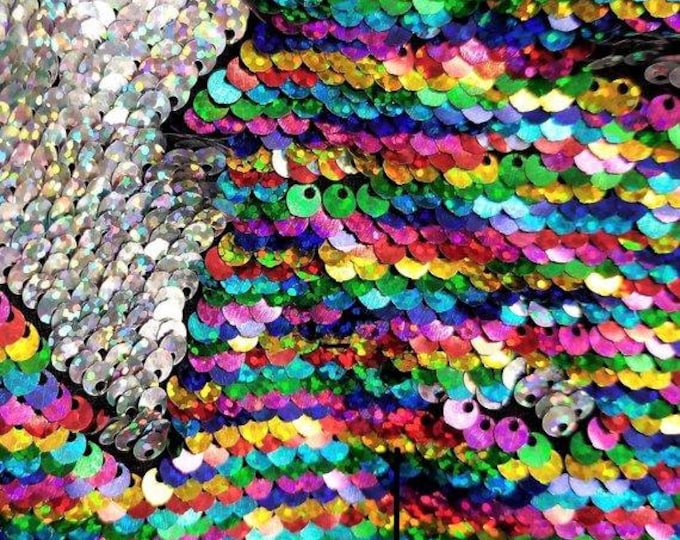 Multi-color/Silver Flip Up Sequins Reversible, 2-Way Stretch 58/60” Sequins Fabric Dresses-Nightgowns-Prom Gown (Choose The Quantity)