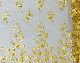 Gold 3D Floral Design Embroider and Beaded With Pearls On a Mesh Lace-Prom-Dress By The Yard