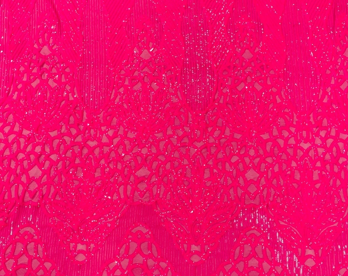 Neon Pink Sequin Fabric | Floral Damask Design on a 4 Way Stretch | Sequins Lace | Spandex Fabric For Prom-Gown By The Yard
