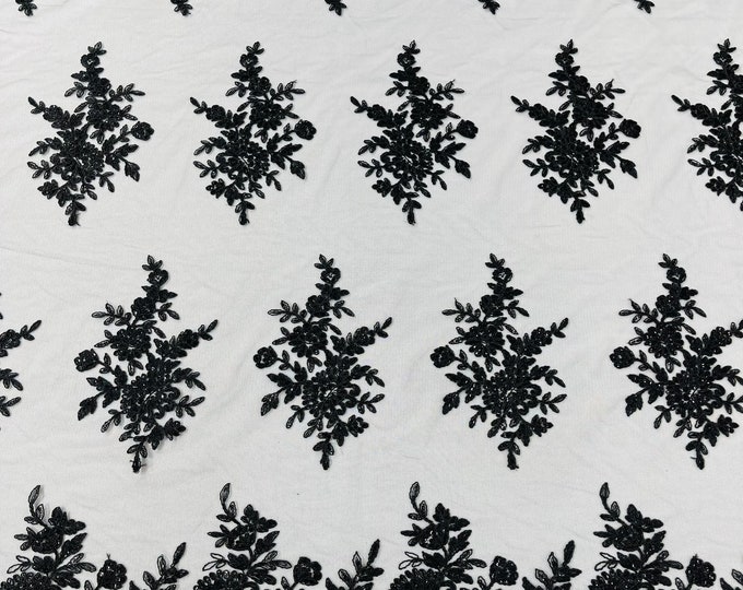 Black Lace Flower Design Embroidered on Mesh Lace Fabric, Floral Bridal Lace Wedding Dress by the Yard (Pick a Size)