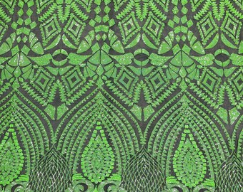 Neon Green Geometric Sequins Fabric - 4 Way Stretch Mesh, Prom Gown Fabric