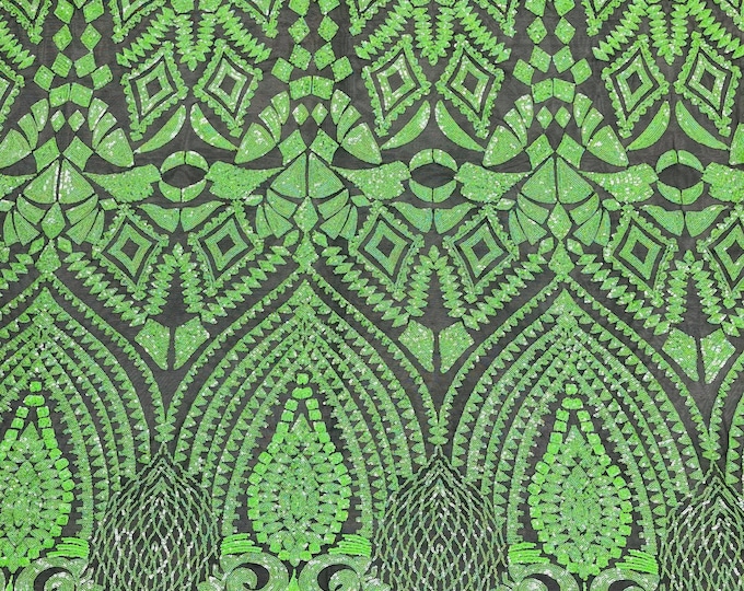 Iridescent Neon Green  - 4 Way Stretch Geometric Sequins Bella Design on Mesh Fabric for Prom Gala Gown Sold By The Yard