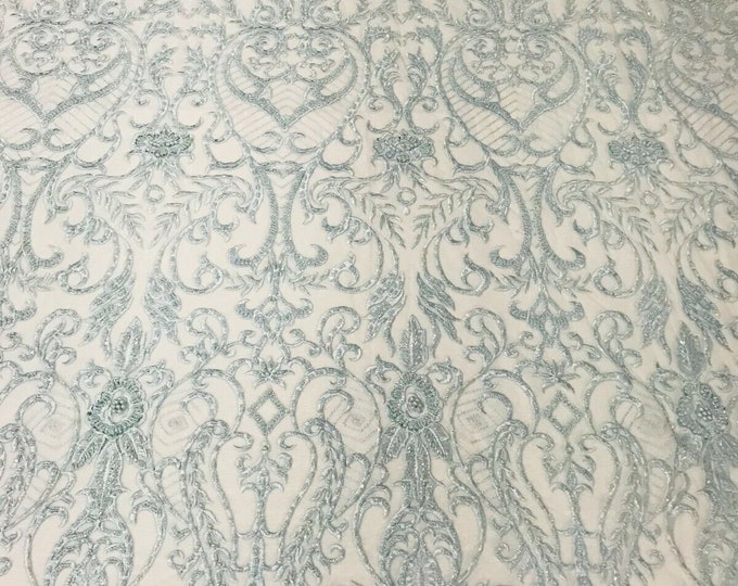 Glam Damask Beaded Fabric, Babe Blue - Embroidered Fashion Fabric with Beads Wedding Bridal Sold By Yard