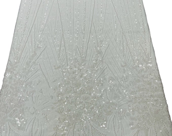 White Beaded Fabric by the yard, Bridal Wedding beaded, Floral Damask Pattern With Beads and Sequin, Appliqué lace for bridals