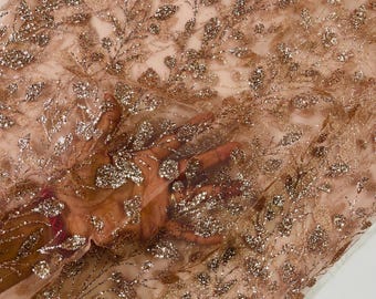 Rose Gold Glitter Fabric on Mesh Lace Fabric By The Yard for Wedding Decor/ Glitter Fabric  Bridal/Prom/Shimmer/Luxury Sparkle