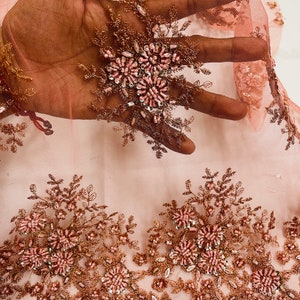 Coral Beaded Lace Fabric: Embroidered Mesh, Bridal Wedding Dress - Sold By The Yard