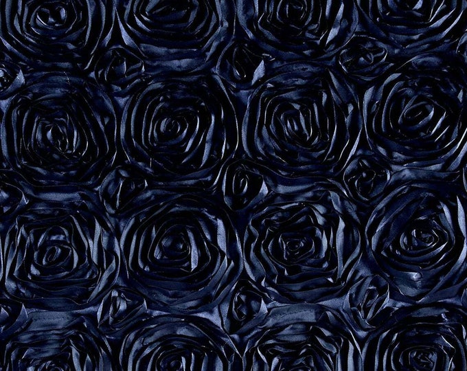 Navy Rosette Fabric 3D Rosette Satin, Floral Satin ( Choose The Size )